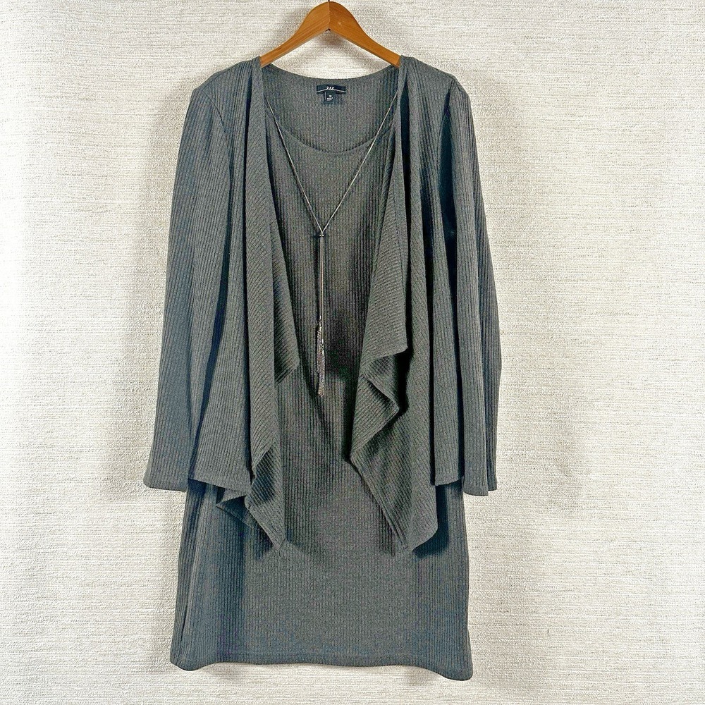 R&K Size 16 Gray Ribbed Knit‎ Tank Sweater Dress Open Front Cardigan Necklace